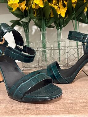 Karl Lagerfeld Teal Croc-Embossed Open-Toe Ankle Strap Heels